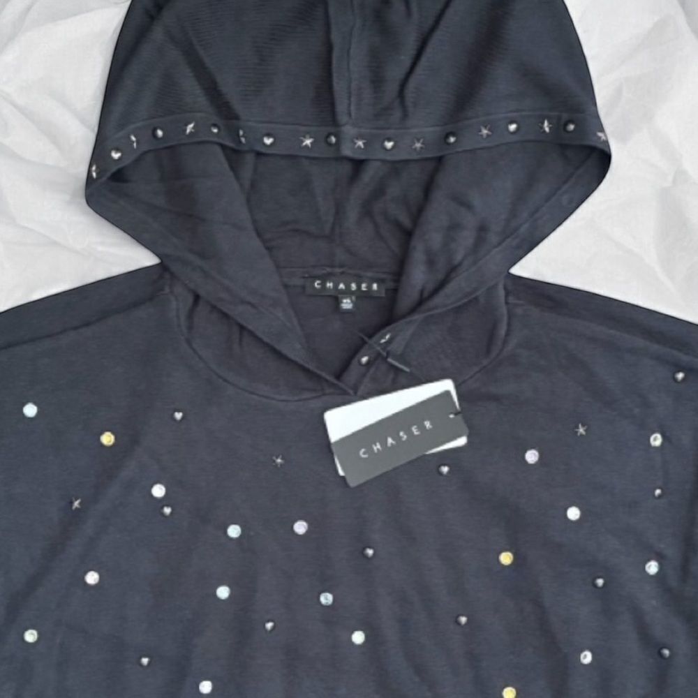Chaser Licorice Black Cropped Studded Hoodie Rhinestone XS NWT - Picture 3 of 9